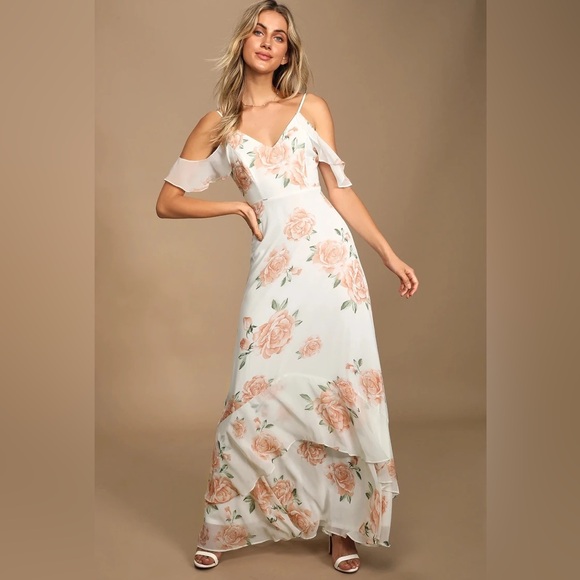 Lulu’s Take You There Ivory Peach Roses Chiffon Ruffle Cold Shoulder Floral Maxi - Picture 4 of 12